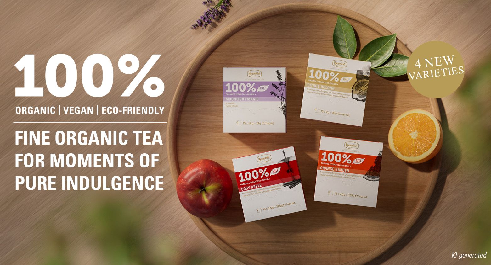 Banner featuring 4 new tea varieties on a wooden tray