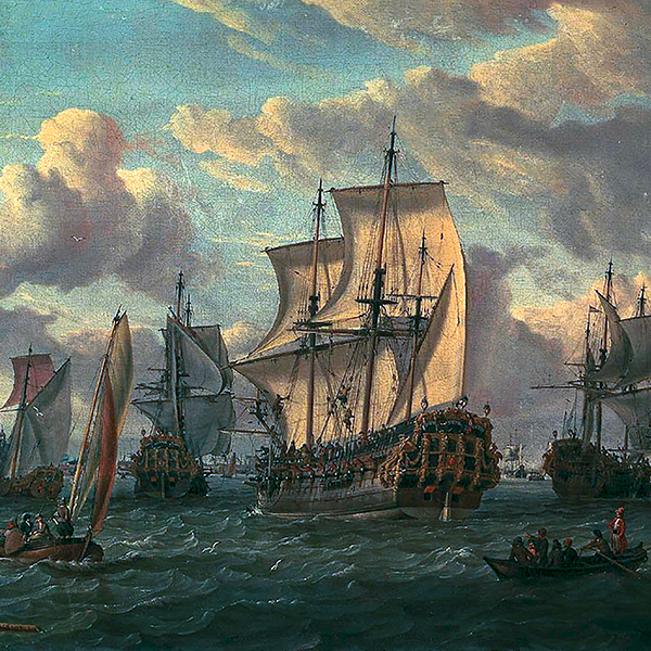 Historic trading ships at sea under sail, evoking early global tea trade.