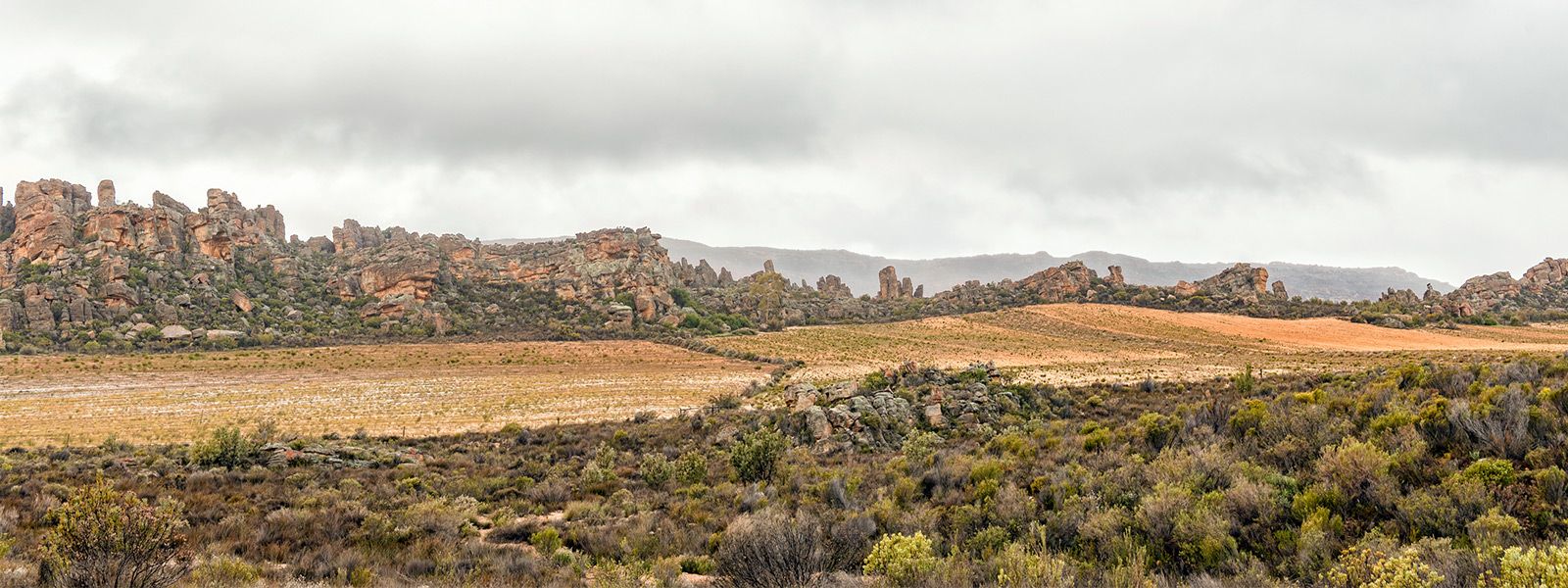 Landschaft der Cederberg-Region in Südafrika mit rötlichen Felsen und Buschvegetation unter bewölktem Himmel