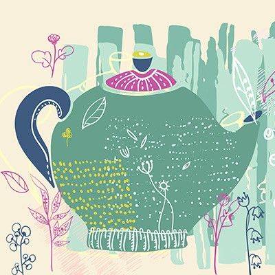 Illustration einer verspielten, grünen Teekanne mit floralen Mustern und dekorativen Pflanzenmotiven im Hintergrund