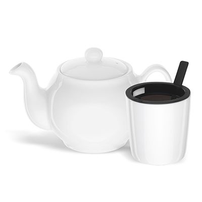 Ronnefeldt strainer teapot set with white porcelain teapot and matching strainer mug